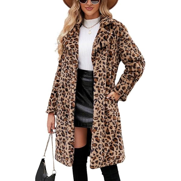 【fenon】 leopard long trench coat Winter Womens Trench Coat Faux Fur Leopard Print Parka Furry
